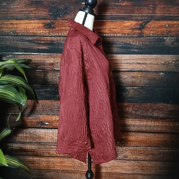 NEW Drapers & Damons Top Blouse 2X Burgundy Wine Crinkle Button Up Cuffed Sleeve - Picture 7 of 10
